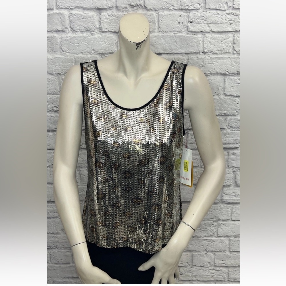 RUBY RD. BLACK & GOLD SEQUIN LEOPARD PRINT SLEEVELESS TOP SIZE S